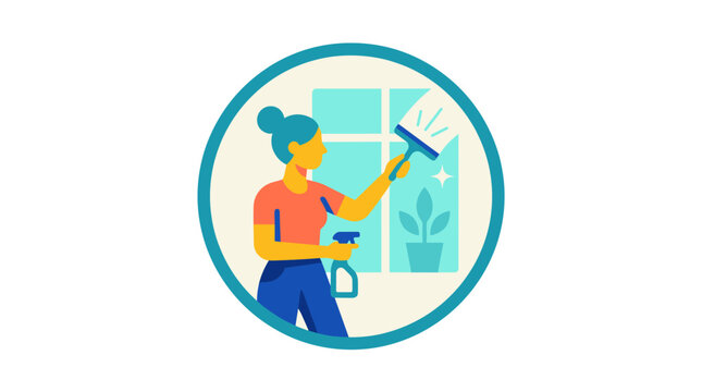 Woman cleaning window with spray bottle and squeegee for a sparkling clean home