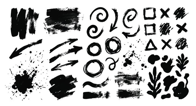 Hand Drawn Black Ink Brush Strokes, Grunge Arrows, and Paint Splatter Collection