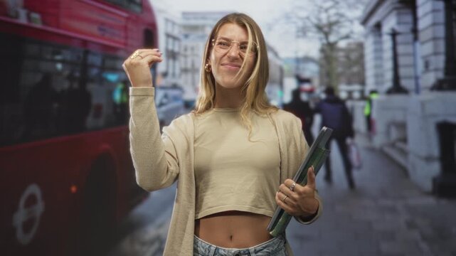 Woman holding a green folder and wearing glasses, showing bellybutton while making an ok hand gesture beside a red double decker bus on a street; youthful confidence.