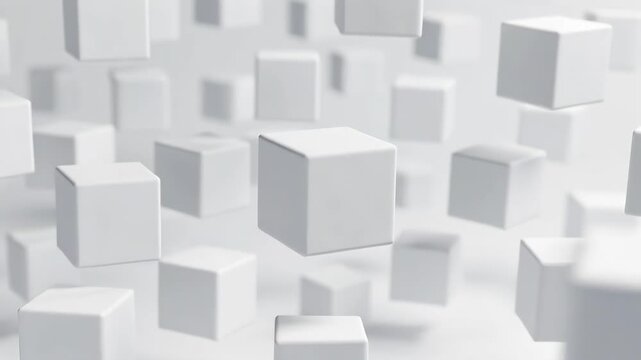 Floating white cubes in a clean minimal style on a soft light background, conveying a concept of modern abstraction