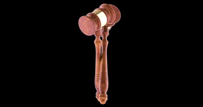 Crossed judge gavels rotation animation seamlessly loopable. 3D rendering isolated on transparent background