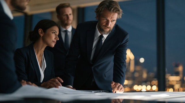 Corporate board members gathered around governance compliance platform display in glass-walled high-rise boardroom, city skyline glittering at dusk behind them, audit trail documents spread across p