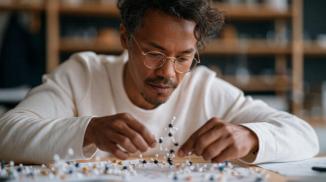 Close up of a molecular model kit spread across a chemistry workbench, plastic atom connectors and bond rods mid-assembly, a graduate researcher's focused hands building a caffeine structure for a b