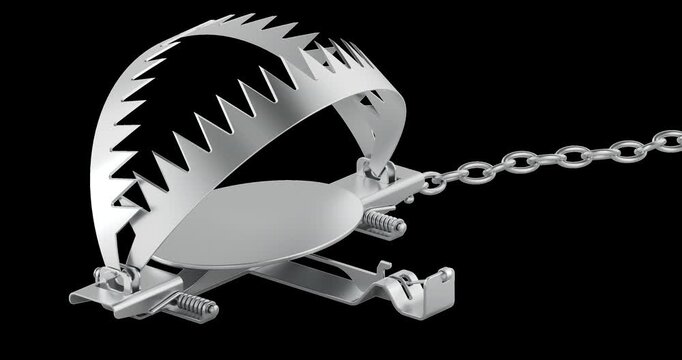 Metal bear trap opening and closing animation seamlessly loopable. 3D rendering isolated on transparent background