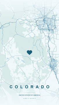 Modern minimalist vector map of Colorado, USA. High-quality scalable illustration of Colorado state borders, Rocky Mountains, Denver city grid, and Colorado River headwaters for posters and design.