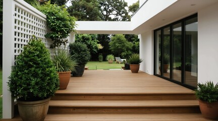 Naklejka premium Modern wooden deck with white trellis and potted green plants overlooks rich garden. Minimalist house exterior with large glass doors connects indoor outdoor living space.