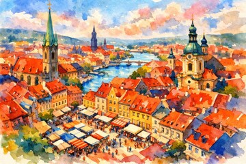 Obraz premium A busy market setting in a town with colorful buildings and a river. People gather around stalls as churches and towers rise in the background.
