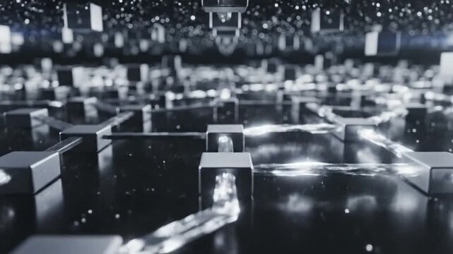 Glowing digital data streams flowing between metallic cube nodes creating an abstract network connection