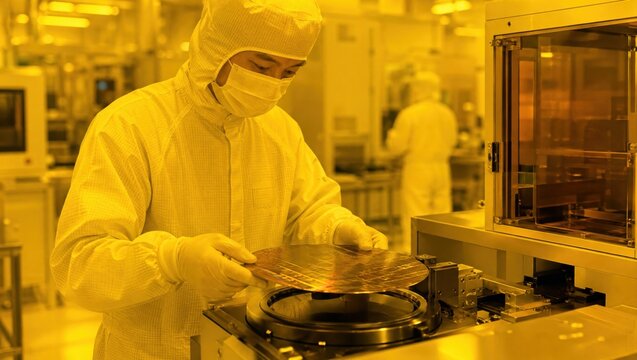 Yellowlight medium shot focus on cleanroom wafer processing under amber illumination to protect photosensitive materials in semiconductor manufacturing workflow.
