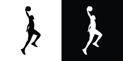 Dynamic silhouette of a basketball player dribbling. Black and white action poses capturing movement and athleticism. Perfect for sports apparel branding and basketball tournament graphics. © bibin