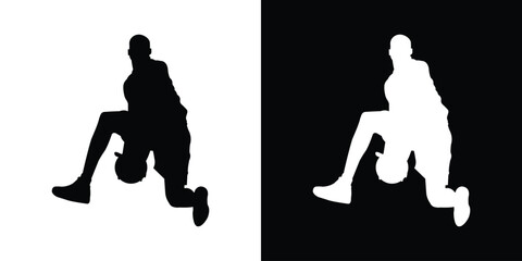 Dynamic silhouette of a basketball player dribbling. Black and white action poses capturing movement and athleticism. Perfect for sports apparel branding and basketball tournament graphics. © bibin