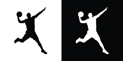 Dynamic silhouette of a basketball player dribbling. Black and white action poses capturing movement and athleticism. Perfect for sports apparel branding and basketball tournament graphics. © bibin
