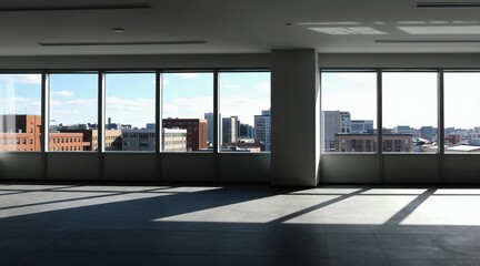 Fototapeta premium Empty modern office space with large windows overlooking a cityscape. Sunlight streams in casting shadows across the floor. This is a bright, airy, and contemporary business environment.