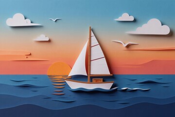 Fototapeta premium Paper sailboat glides on wavy ocean. Warm sun sets over horizon painting sky orange and blue. Birds fly over calm water. This art piece evokes peace.