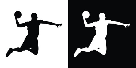 Dynamic silhouette of a basketball player dribbling. Black and white action poses capturing movement and athleticism. Perfect for sports apparel branding and basketball tournament graphics. © bibin