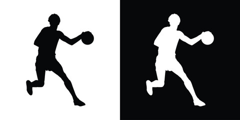 Dynamic silhouette of a basketball player dribbling. Black and white action poses capturing movement and athleticism. Perfect for sports apparel branding and basketball tournament graphics. © bibin