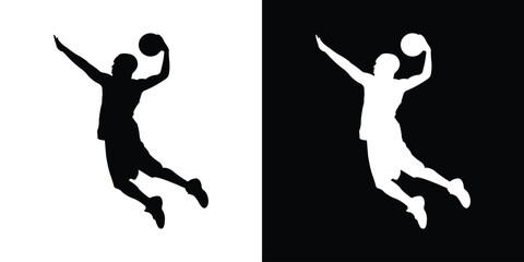 Dynamic silhouette of a basketball player dribbling. Black and white action poses capturing movement and athleticism. Perfect for sports apparel branding and basketball tournament graphics. © bibin