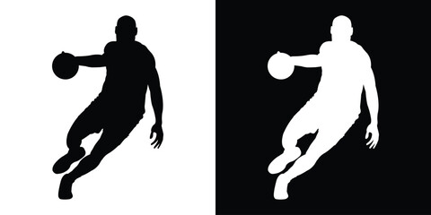 Dynamic silhouette of a basketball player dribbling. Black and white action poses capturing movement and athleticism. Perfect for sports apparel branding and basketball tournament graphics. © bibin