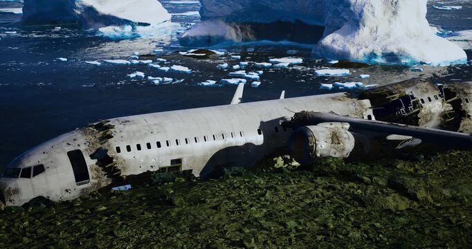 A large airplane wreck is partially embedded in the rugged landscape, with one wing torn off. Icebergs float in the chilly water nearby, creating a stark, desolate atmosphere.