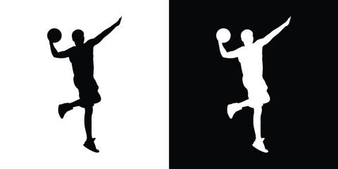 Dynamic silhouette of a basketball player dribbling. Black and white action poses capturing movement and athleticism. Perfect for sports apparel branding and basketball tournament graphics. © bibin