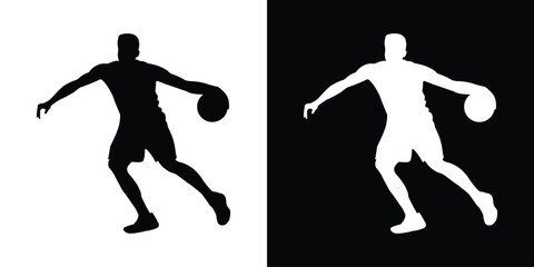 Dynamic silhouette of a basketball player dribbling. Black and white action poses capturing movement and athleticism. Perfect for sports apparel branding and basketball tournament graphics. © bibin