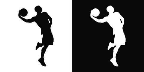 Dynamic silhouette of a basketball player dribbling. Black and white action poses capturing movement and athleticism. Perfect for sports apparel branding and basketball tournament graphics. © bibin