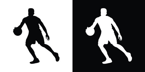 Dynamic silhouette of a basketball player dribbling. Black and white action poses capturing movement and athleticism. Perfect for sports apparel branding and basketball tournament graphics. © bibin