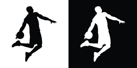 Dynamic silhouette of a basketball player dribbling. Black and white action poses capturing movement and athleticism. Perfect for sports apparel branding and basketball tournament graphics. © bibin