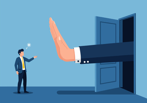 Businessperson halted by large hand coming out of open door, vector illustration of obstacle and rejection