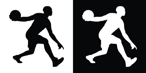 Dynamic silhouette of a basketball player dribbling. Black and white action poses capturing movement and athleticism. Perfect for sports apparel branding and basketball tournament graphics. © bibin