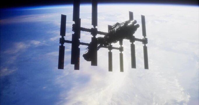 A large space station hovers in low Earth orbit, showcasing its solar panels and structure. Below, a view of Earth reveals fluffy clouds against the dark expanse of space.