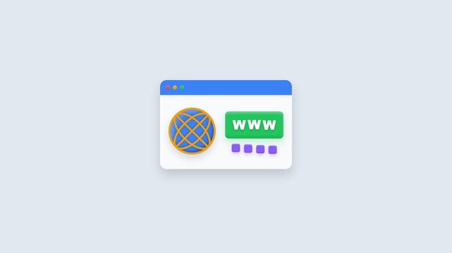 Flat design illustration of a browser window with a world map icon and www text on a clean white background with blue accents.