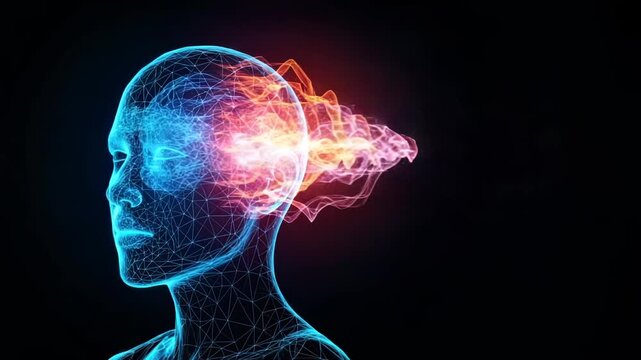 Abstract digital human head with glowing energy waves emanating