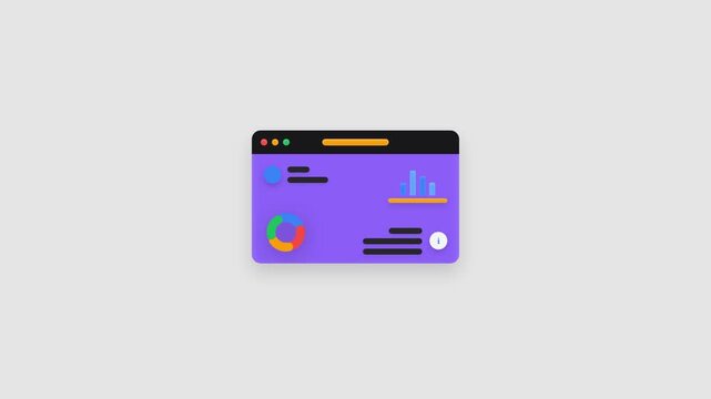 Purple web page mockup on a clean white background with colorful icons and graphs.