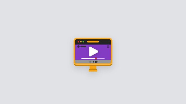 Flat lay of a yellow computer monitor displaying a video player on a purple screen against a clean white background.