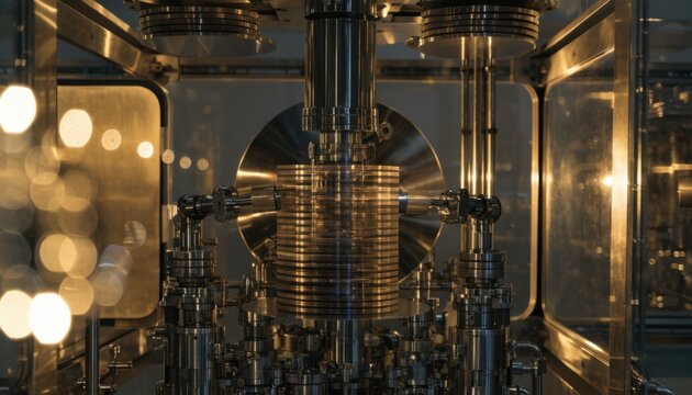 Yellowlight medium shot focus on cleanroom wafer processing under amber illumination to protect photosensitive materials in semiconductor manufacturing workflow.