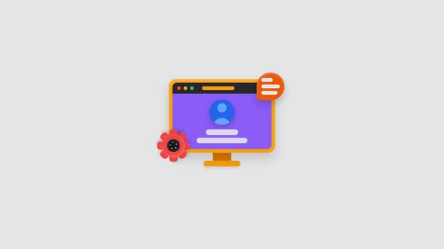 Flat design illustration of a computer monitor with a purple screen and orange border displaying a user profile, accompanied by a red notification bell on a plain