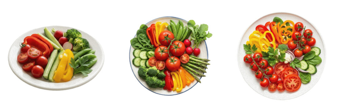 Set and collection of assortment of fresh sliced vegetables on plate isolated on white background
