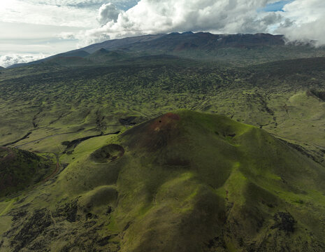 Aerial view of volcanic craters near Moana Kea, the tallest mountain in the world located in Hawaii