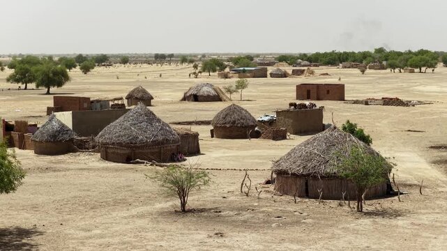 Drone view of traditional village huts and community gathering, April 25, 2026, Chad, N Djamena