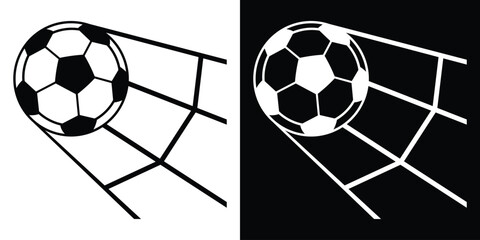 Soccer ball hitting the back of the net. Black and white graphic illustrating a goal moment. Perspective view of a successful strike for sports news, blogs, and football competition design. © bibin
