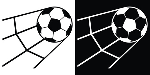 Soccer ball hitting the back of the net. Black and white graphic illustrating a goal moment. Perspective view of a successful strike for sports news, blogs, and football competition design. © bibin