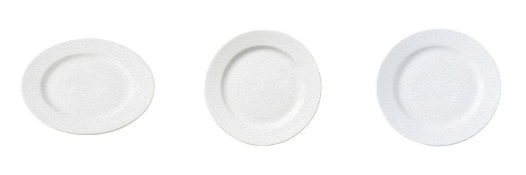 Set and collection of empty white ceramic plate isolated on white background