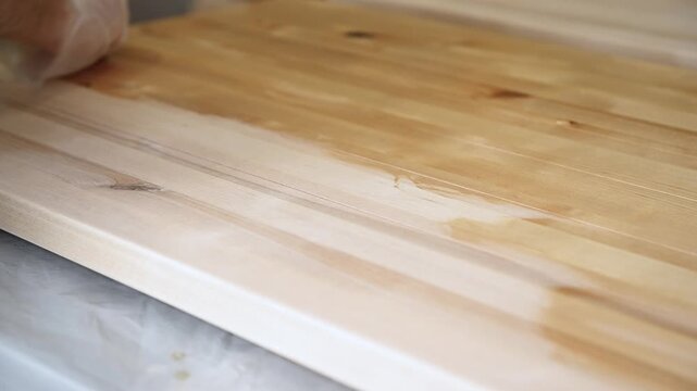 Master carpenter, Applying natural oil on natural wood product. Carpenter applying protective varnish to wooden surface in workshop. Impregnation of wood and coating with oil