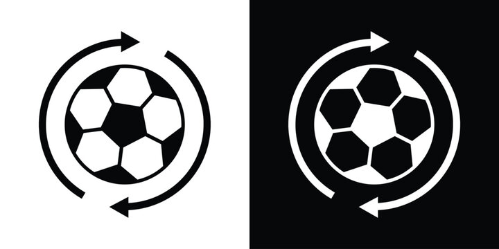 Soccer ball with circular refresh arrows. Sports update, game restart, or player substitution icon. Clean black and white vector design for sports apps and live football match tracking.