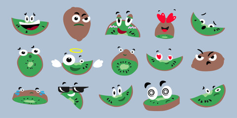 Obraz premium Cute kiwi cartoon characters with various facial expressions. Fresh fruit emotional faces collection for stickers, labels, kids design, patches and social media. Vector illustration