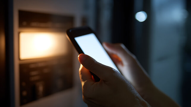 Close up of hands hold a mobile phone with a brightly lit screen in a dark room next to a blurred illuminated household appliance