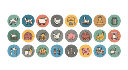 Farm Icons Set: Animals, Buildings, Tractor, Milk, Chicken, Pig, Sheep © Gwe