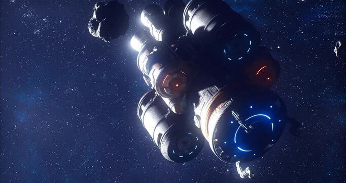 A detailed view of a futuristic spacecraft navigating through the vastness of outer space, surrounded by asteroids and glowing celestial elements, showcasing advanced technology.