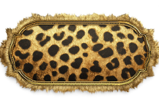 Luxury leopard print decorative frame with golden borders and faux fur trim isolated on white background. Elegant animal skin pattern panel for fashion design and exotic interiors